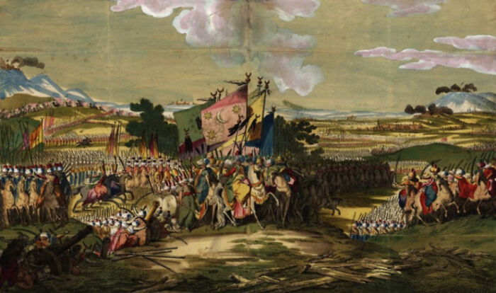 Historical scene depicting soldiers in battle with flags and cavalry during a hilarious historical event that sounds made-up.