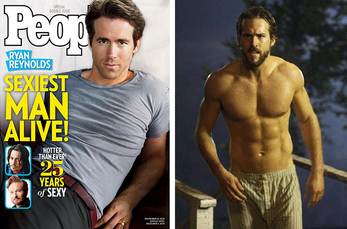 Ryan Reynolds featured as Sexiest Man Alive on People magazine cover alongside a shirtless image showcasing his fit physique.