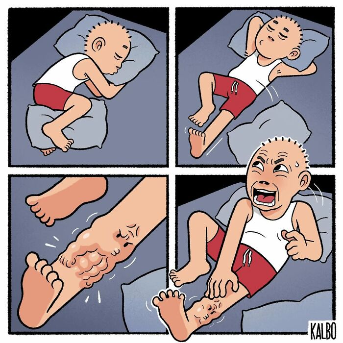 Comic strip by Tarantadong Kalbo shows a man humorously reacting to an itchy rash on his leg while lying in bed.