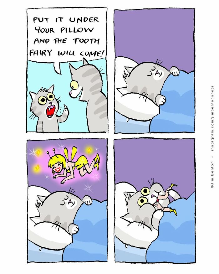 Cartoon showing cats humorously imagining the tooth fairy and how it feels to live with cats in everyday life.