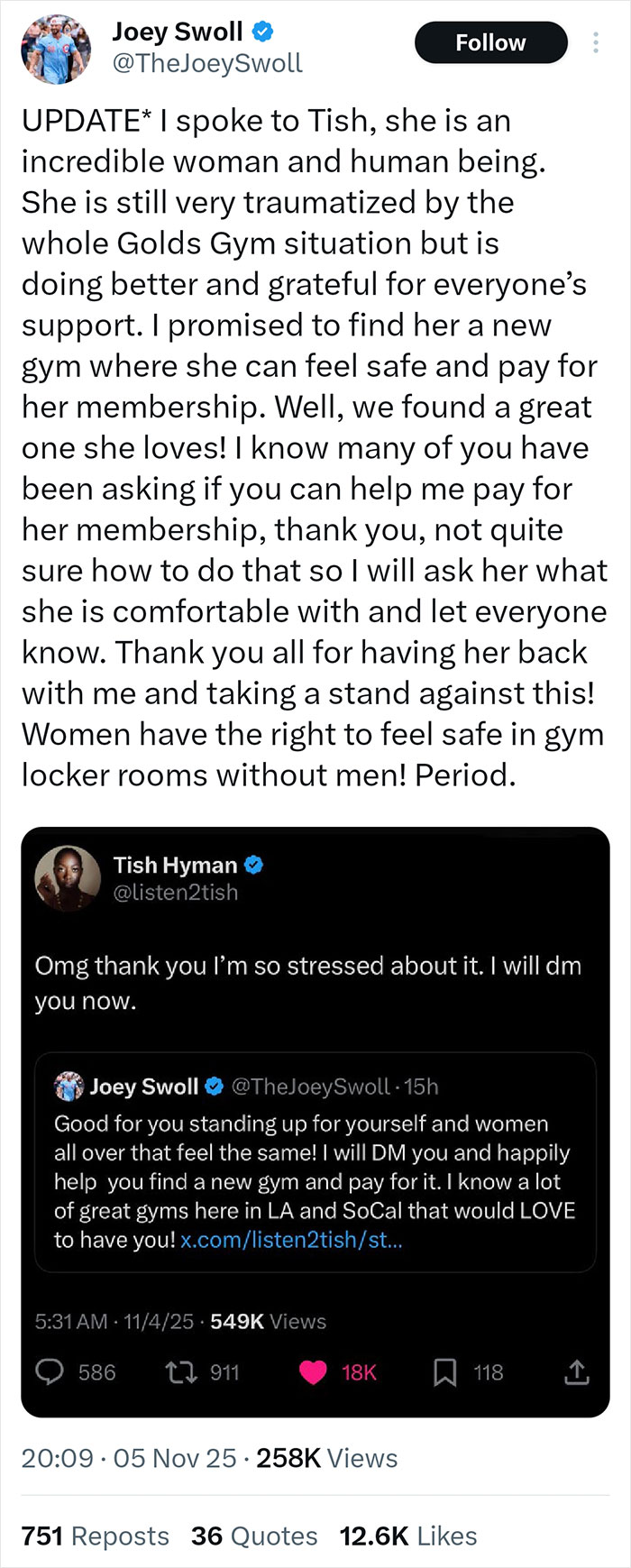 Screenshot of Joey Swoll's tweet addressing Gold's Gym trans locker controversy and offering support for a safe gym membership. Screenshot of Joey Swoll's tweet addressing Gold's Gym trans locker controversy and offering support for a safe gym membership.