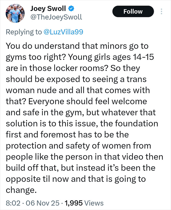 Tweet from Joey Swoll discussing Gold's Gym trans locker controversy, focusing on safety and protection concerns for women. Tweet from Joey Swoll discussing Gold's Gym trans locker controversy, focusing on safety and protection concerns for women.