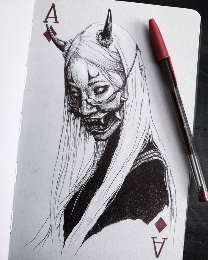 Ink sketch of creepy yet gorgeous art featuring a horned figure with long hair, resembling a nightmare-inspired playing card design.