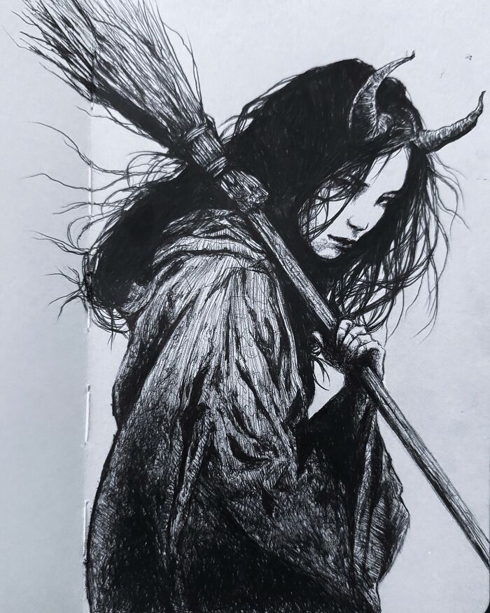 Detailed black ink drawing of a horned figure holding a broom, showcasing creepy yet gorgeous art from Las Vegas artist.