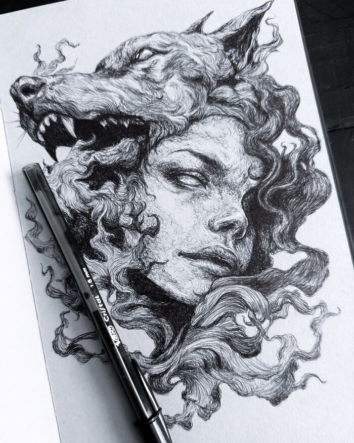 Intricate black ink drawing of a woman with wild hair merged with a snarling wolf, showcasing creepy yet gorgeous art style.