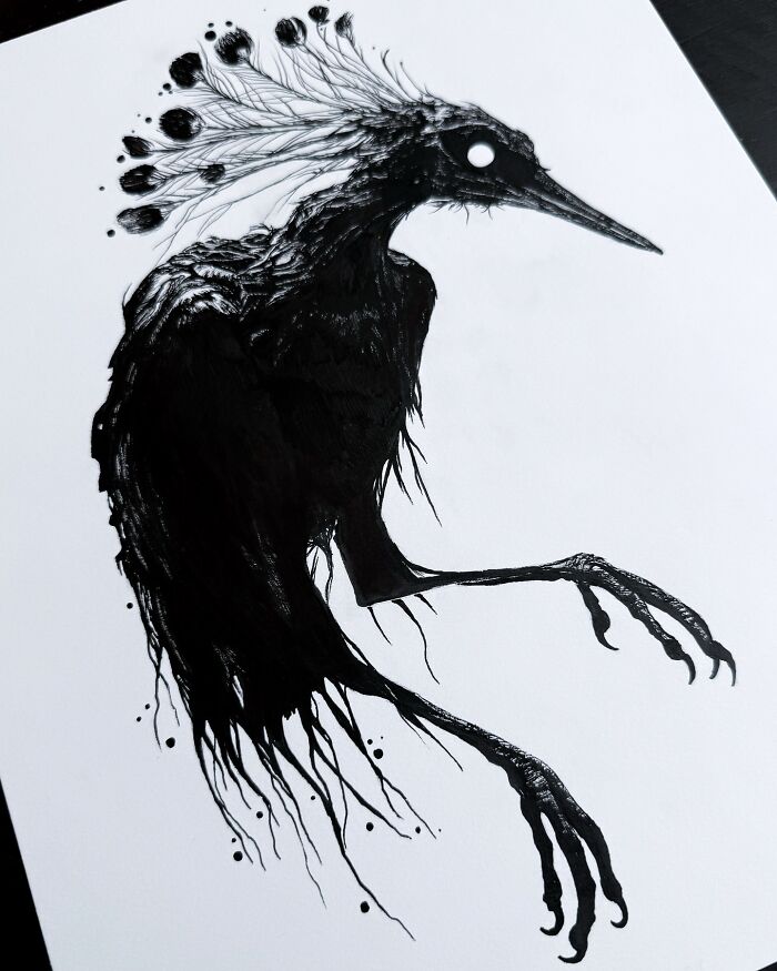 Creepy yet gorgeous black ink art of a nightmarish bird with elongated limbs and feather details by Las Vegas artist.