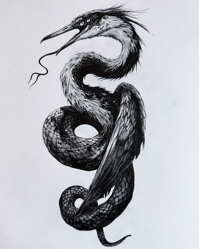 Black and white creepy yet gorgeous art of a mythical snake-like bird with detailed feathers and scales, evoking a nightmare feel.