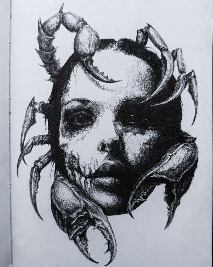 Surreal creepy art from Las Vegas artist showing a dark face entwined with large scorpion claws in detailed black ink.