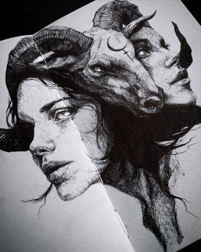 Surreal creepy yet gorgeous art by a Las Vegas artist depicting a woman's face merging with a goat and animal skull.