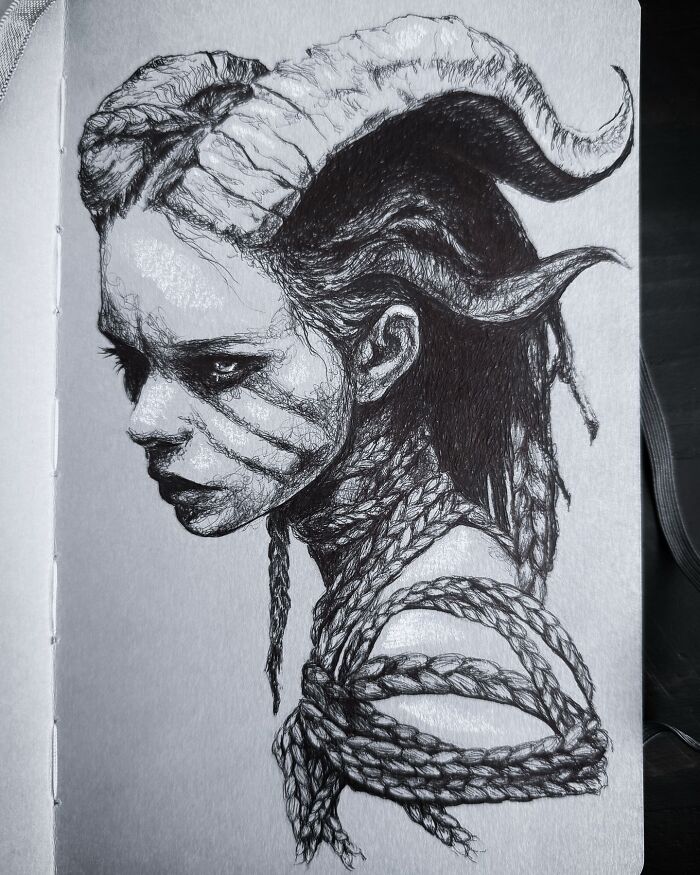 Detailed black ink drawing of a creepy yet gorgeous horned figure with braided rope details, showcasing nightmare-inspired art style.