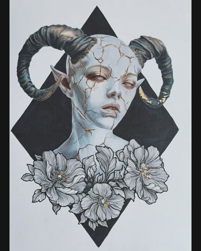 Surreal creepy art of a c*****d pale face with horns and detailed flowers, showcasing nightmare-inspired Las Vegas artist style.