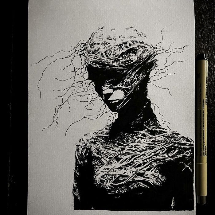 Ink drawing of a creepy yet gorgeous nightmare-inspired figure with twisted, vine-like elements and abstract facial features.