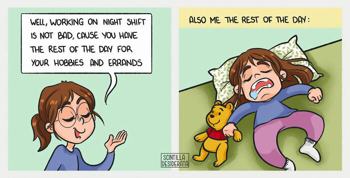 Relatable comic illustrating the funny side of everyday situations with a woman balancing night shift work and relaxation.