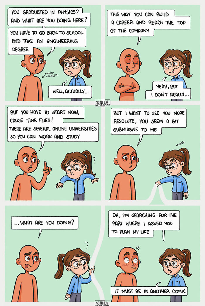 Relatable comics showing the funny side of everyday situations with two characters discussing career and life choices.