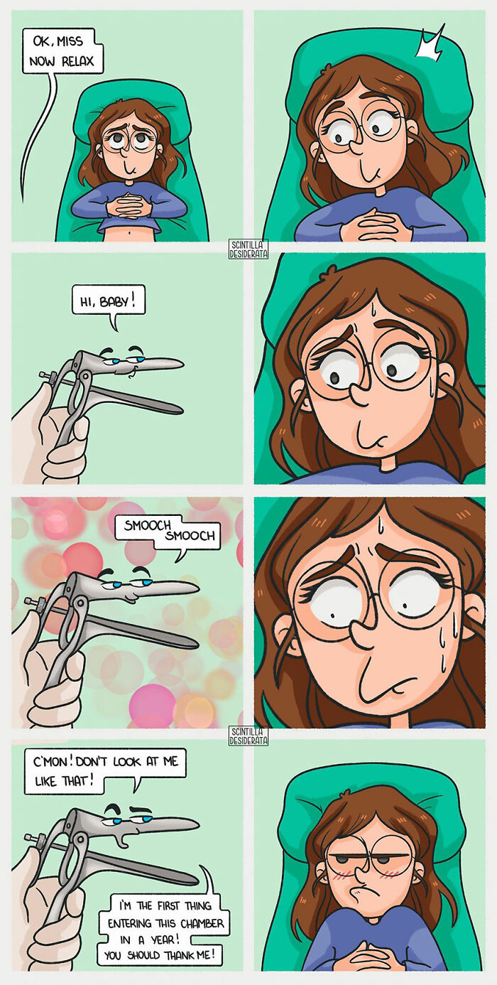 Relatable comic showing the funny side of an awkward gynecological exam with humorous everyday situations.