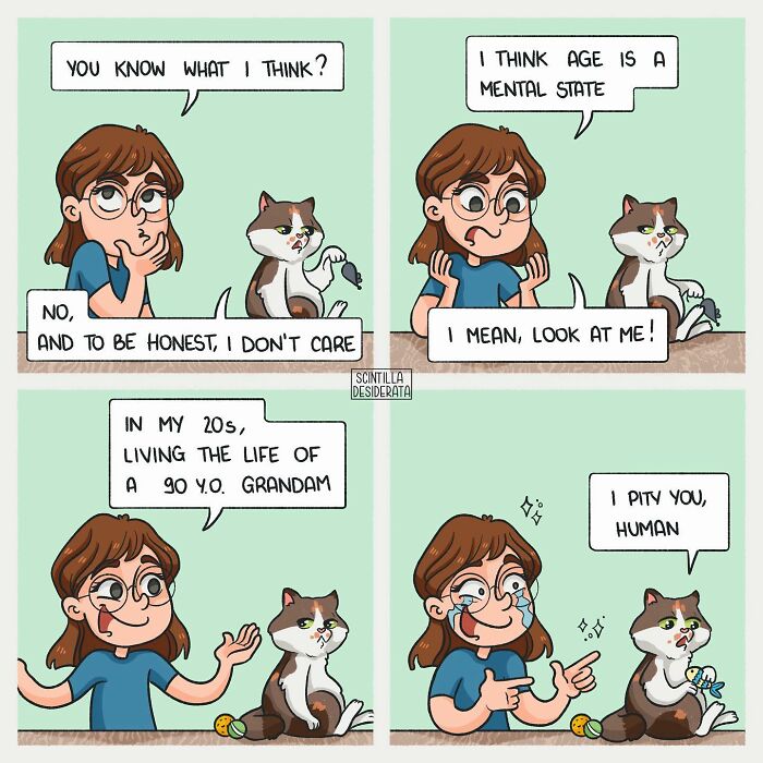 Comic panels of a relatable artist and a cat humorously discussing age and everyday life in a funny everyday situation.