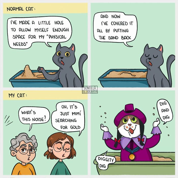 Relatable comics humorously depicting everyday situations involving cats and their quirky behaviors in a funny way.