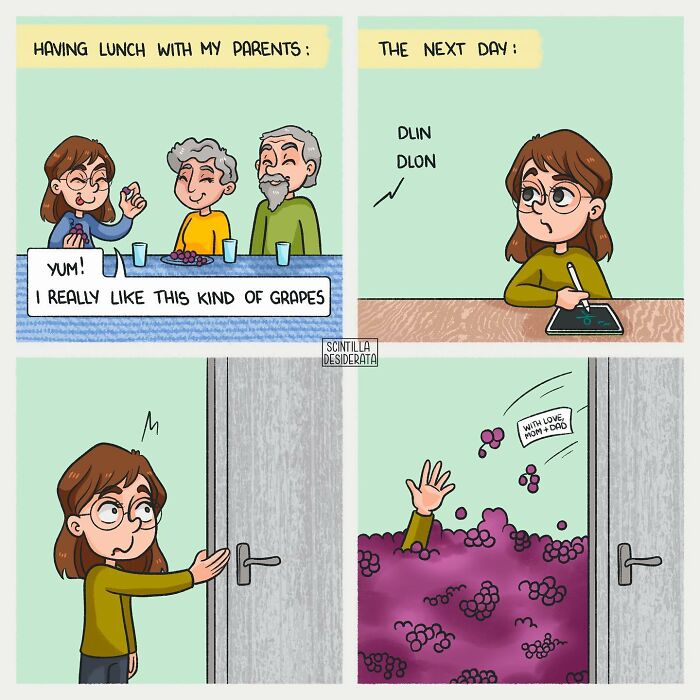 Comic artist creates relatable comics showing funny everyday situations with family and humorous grape-themed twist.