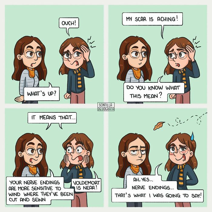 Relatable comics showing the funny side of everyday situations with two characters discussing nerve endings and scars.