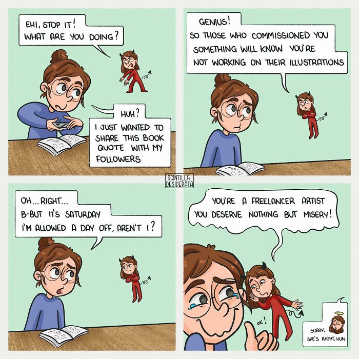 Relatable comics showing the funny side of everyday situations with a freelancer artist and her inner critic.