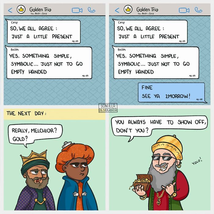 Relatable comic panels showing funny everyday situations with characters chatting and humorously discussing gifts.