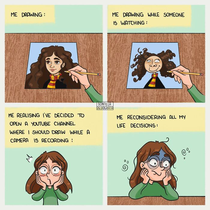 Relatable comics illustrating the funny side of everyday situations with a character drawing and reacting humorously.