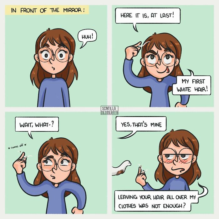Relatable comic showing a woman discovering white hair, highlighting the funny side of everyday situations.