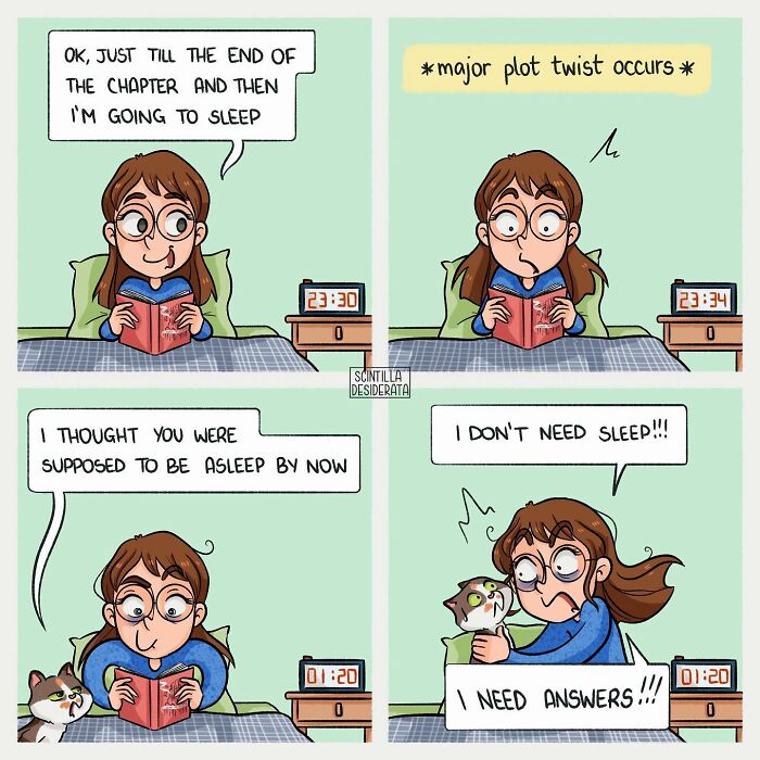 Relatable comics showing the funny side of everyday situations with a girl reading late and refusing to sleep.