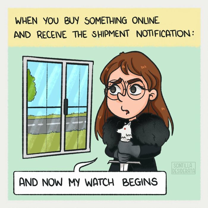 Relatable comics illustrating the funny side of everyday moments, featuring a woman anxiously awaiting an online shipment.