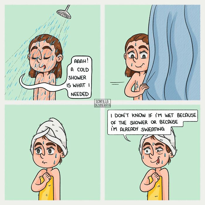 Relatable comic by artist shows funny everyday situation of confusion after a cold shower while sweating and drying off.