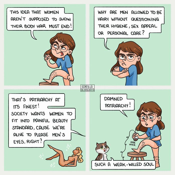 Relatable comics highlighting the funny side of everyday situations about body hair and societal beauty standards.