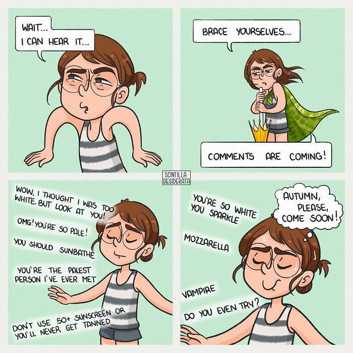 Relatable comics by artist humorously depicting everyday situations with a young woman reacting to summer and comments.