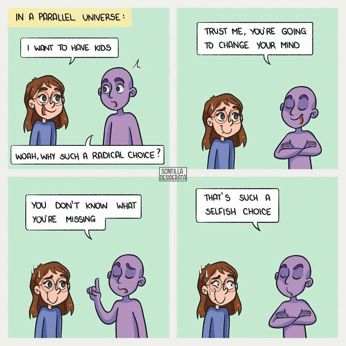 Comic strip by artist showing relatable and funny everyday situations with characters discussing life choices humorously.