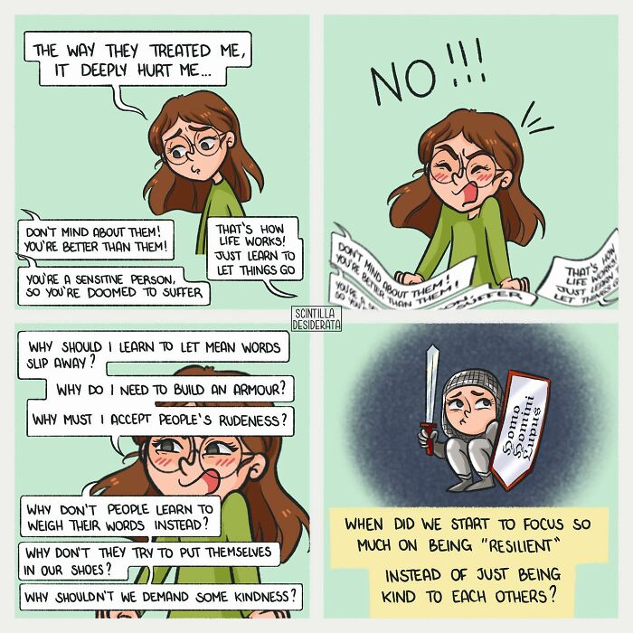 Relatable comics showing the funny side of everyday situations with a character reflecting on kindness and resilience.