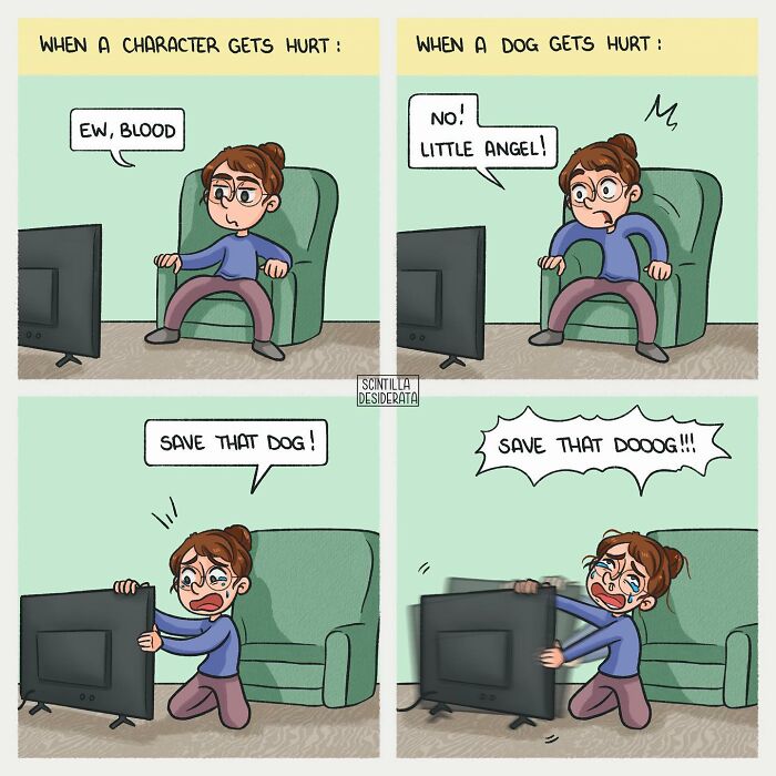 Relatable comics showing the funny side of everyday situations with a woman reacting differently to fictional characters and dogs.