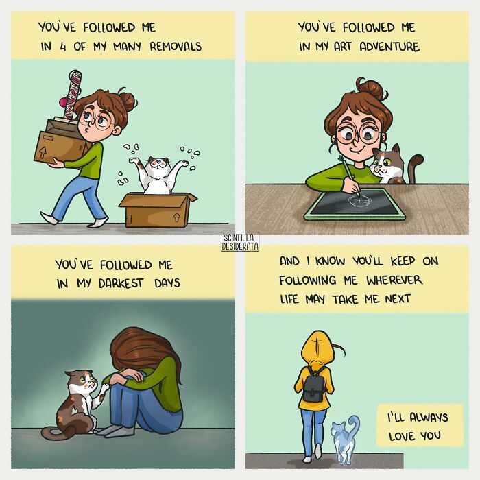 Relatable comics by artist showing funny and heartfelt everyday moments with pets and life adventures in four colorful panels.