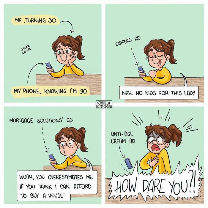 Relatable comic panels showing a woman turning 30 reacting humorously to ads about diapers, mortgages, and anti-age cream.