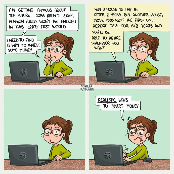 Relatable comic showing the funny side of everyday life with a woman contemplating realistic ways to invest money.