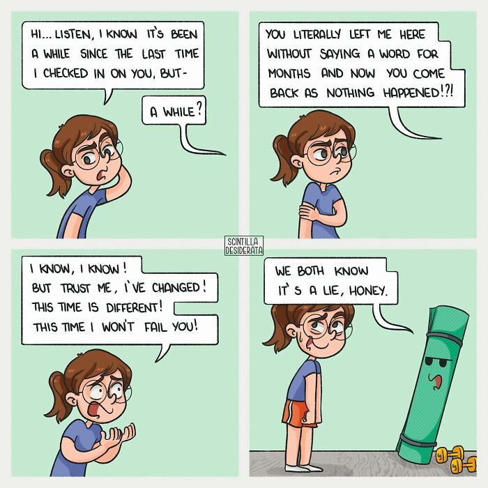 Relatable comic panels showing the funny side of everyday situations with a character talking to a rolled-up mat.