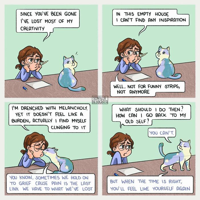 Relatable comics illustrating the funny and emotional side of everyday life with a woman and her talking cat.