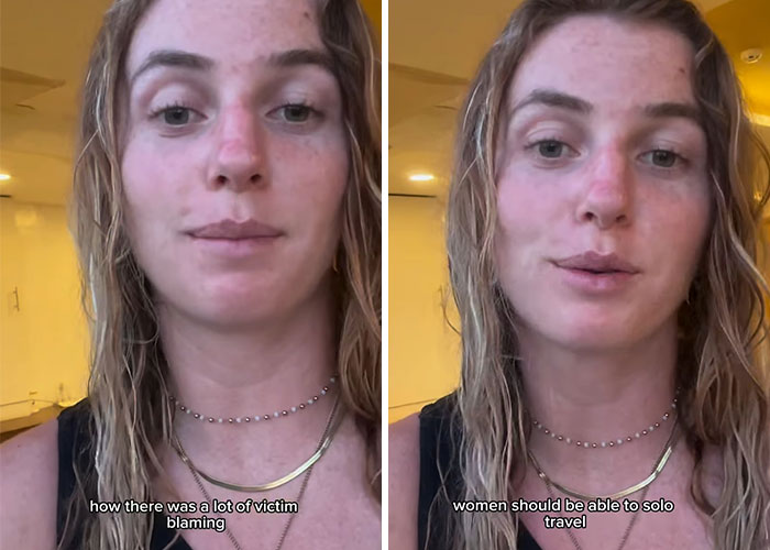 Young woman with wet hair sharing her experience on victim blaming and solo traveling safety concerns indoors. Young woman with wet hair sharing her experience on victim blaming and solo traveling safety concerns indoors.