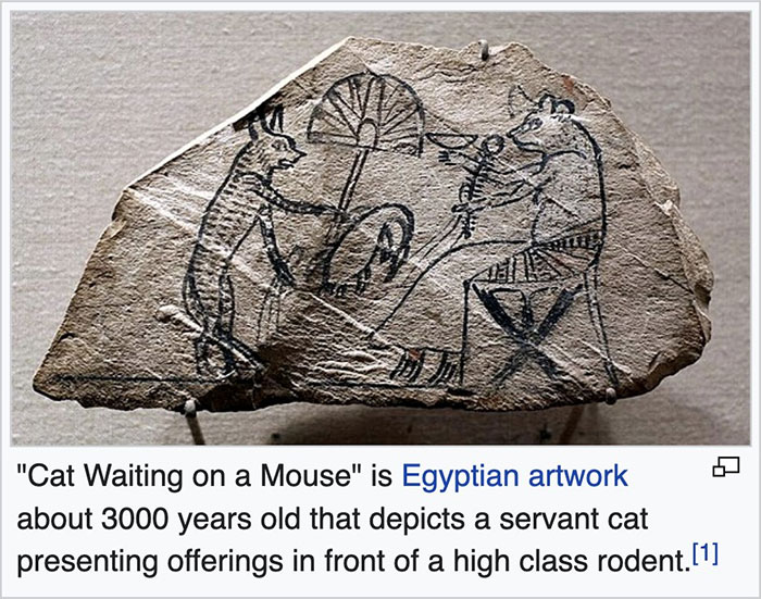 Ancient Egyptian artwork showing a cat waiting on a mouse, a funny gem found on Wikipedia shared online.
