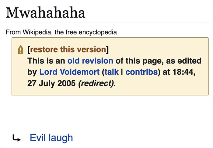 Wikipedia page screenshot showing an old revision edited by Lord Voldemort with a humorous edit on evil laugh.