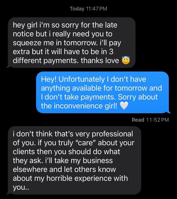Entitled client texts demanding special treatment and payment arrangements leading to online shaming and professional boundaries.