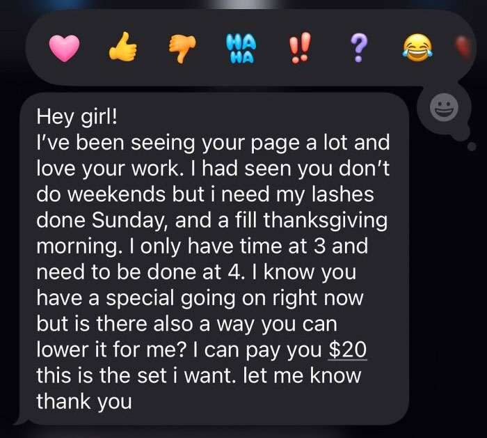 Screenshot of an entitled client text demanding last-minute lash appointment with a low offer, highlighting client entitlement examples.