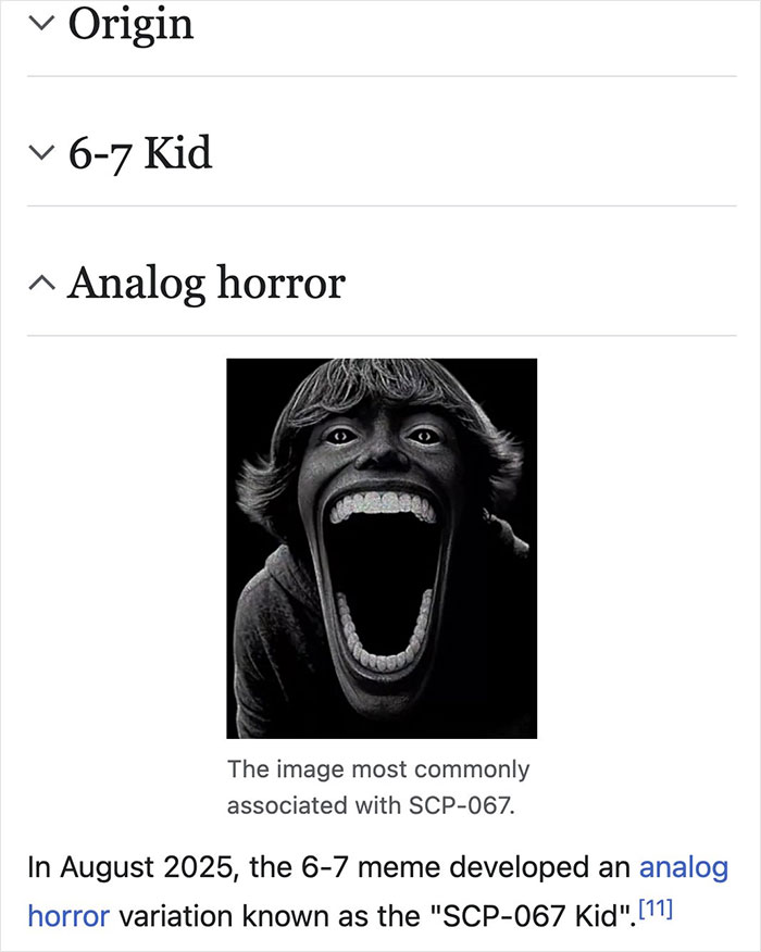 Screenshot of a Wikipedia page showing the 6-7 Kid meme and analog horror with funny Wikipedia gems content.