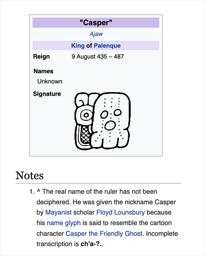 Wikipedia entry showing a funny glyph nickname "Casper" for King of Palenque with notes on its origin.