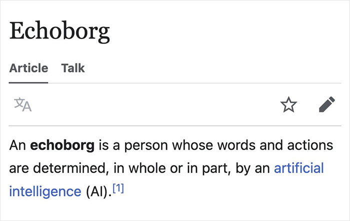 Wikipedia screenshot defining echoborg as a person controlled partly or fully by artificial intelligence, a funny gem found online.