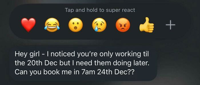 Client text showing entitlement by demanding last-minute booking beyond working hours on December 24th.