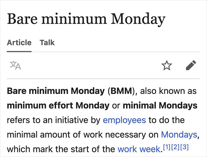 Screenshot of a Wikipedia page showing a funny gem about Bare minimum Monday, highlighting humorous Wikipedia finds.
